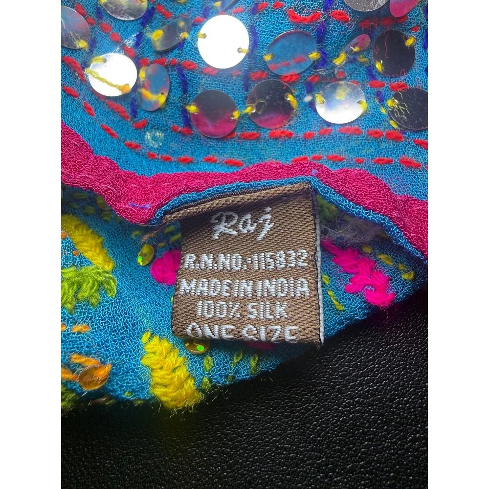 Raji Handmade India Silk Embroidered Mirror Work Shawl Wrap Boho 34x80